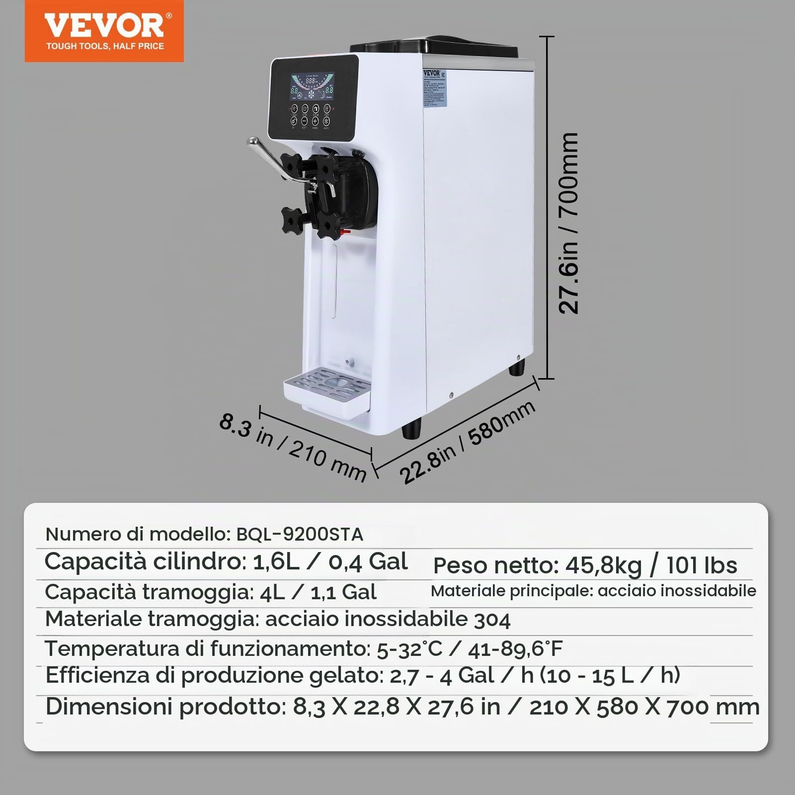 VEVOR Macchina per Gelato Morbido Commerciale, Resa 10 L/H, Macchina per Gelato Soft da Banco 900 W Monogusto, Tramoggia da 4 Litri Cilindro da 1,6 L, Pannello LCD Autopulente, Bar, Ristorante, Hotel