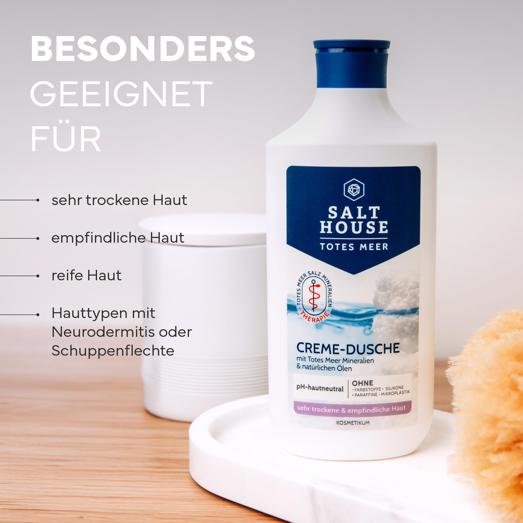 SALTHOUSE Totes Meer Therapie Creme-Dusche mit Mandel- & Avocadoöl - 250ml | reinigt sehr trockene Haut schonend - mit Mandelöl, Avocadoöl und Aloe Vera - bei Haut mit Spannungsgefühlen