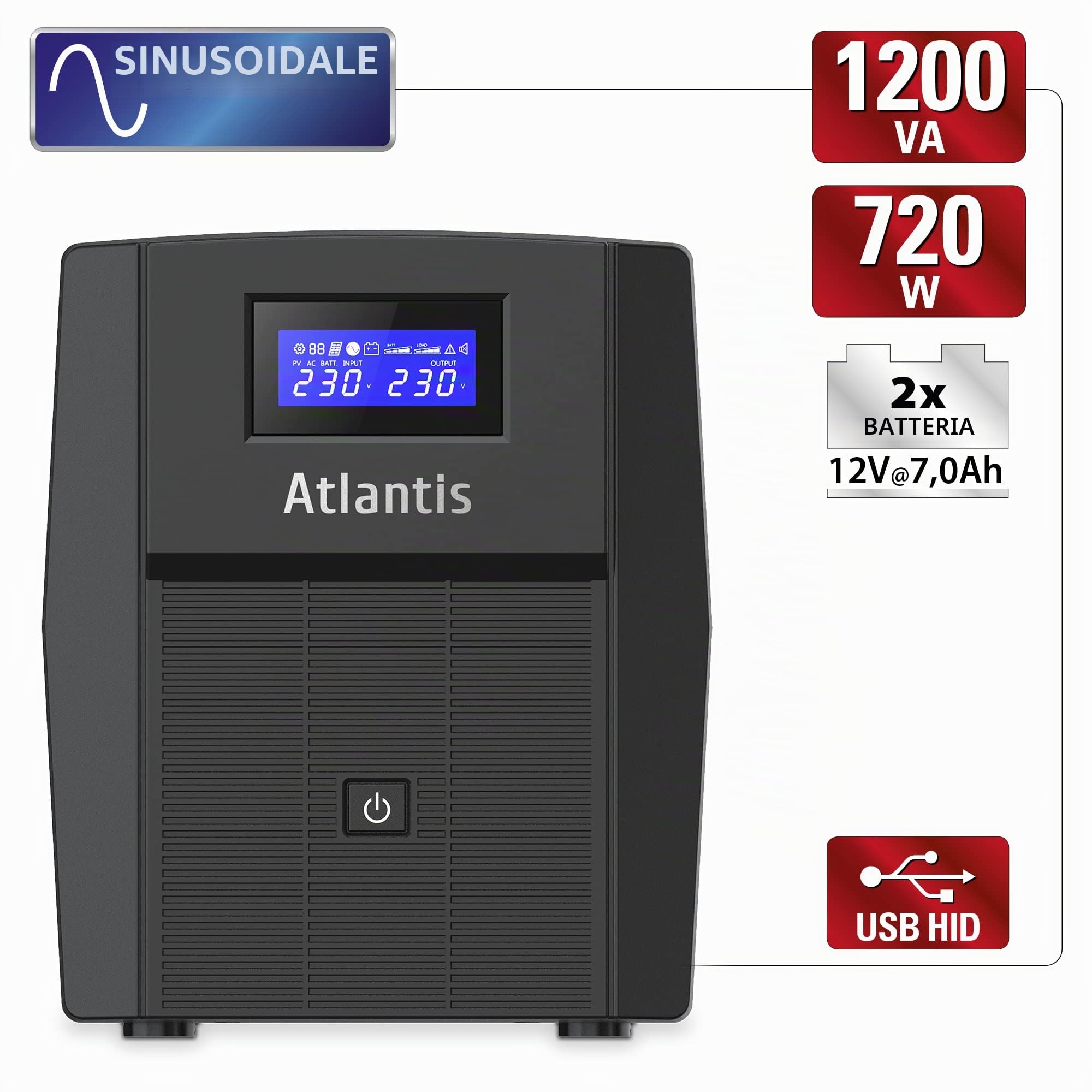 Atlantis Gruppo di Continuità UPS 1200VA/720W, onda sinusoidale pura | Line Interactive, LCD, USB-HID, 3 IEC + 2 Schuko, cavo alimentazione, 2 batterie 12V 7Ah, protezione RJ45, cod. A03-HP1503