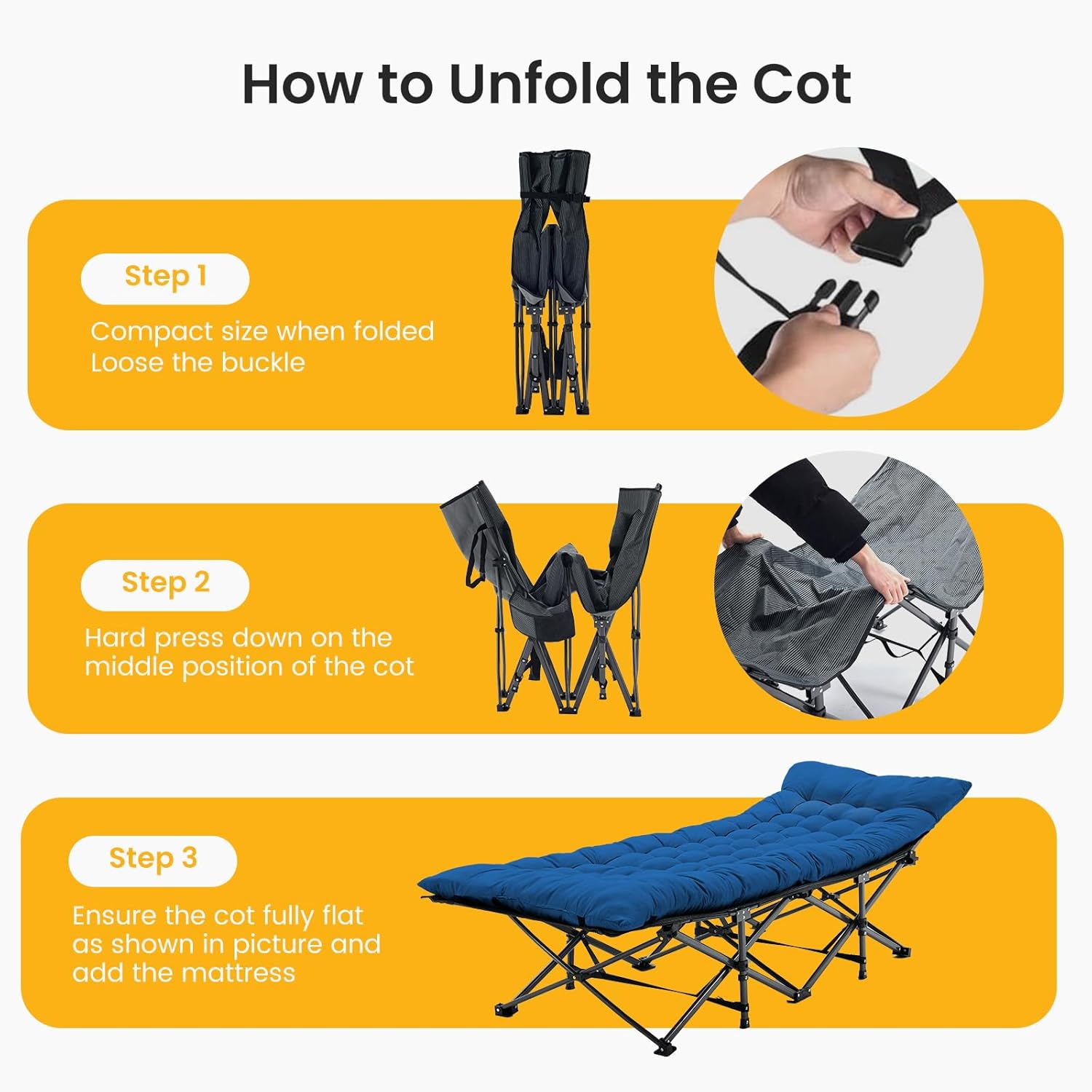 NEWBULIG Folding Camping Cot, Compact Foldable Bed for Indoor & Outdoor, Portable Sleeping Cot, Removable Cushion for Adults, Heavy Duty 440 lbs Capacity, Oxford Fabric,74.4x28x13.9 in, Blue