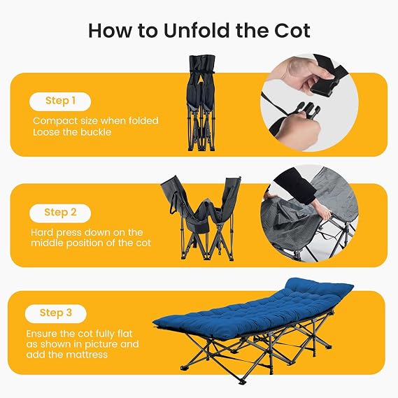NEWBULIG Folding Camping Cot, Compact Foldable Bed for Indoor & Outdoor, Portable Sleeping Cot, Removable Cushion for Adults, Heavy Duty 440 lbs Capacity, Oxford Fabric,74.4x28x13.8 in, Blue
