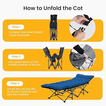 NEWBULIG Folding Camping Cot, Compact Foldable Bed for Indoor & Outdoor, Portable Sleeping Cot, Removable Cushion for Adults, Heavy Duty 440 lbs Capacity, Oxford Fabric,74.4x28x13.8 in, Blue