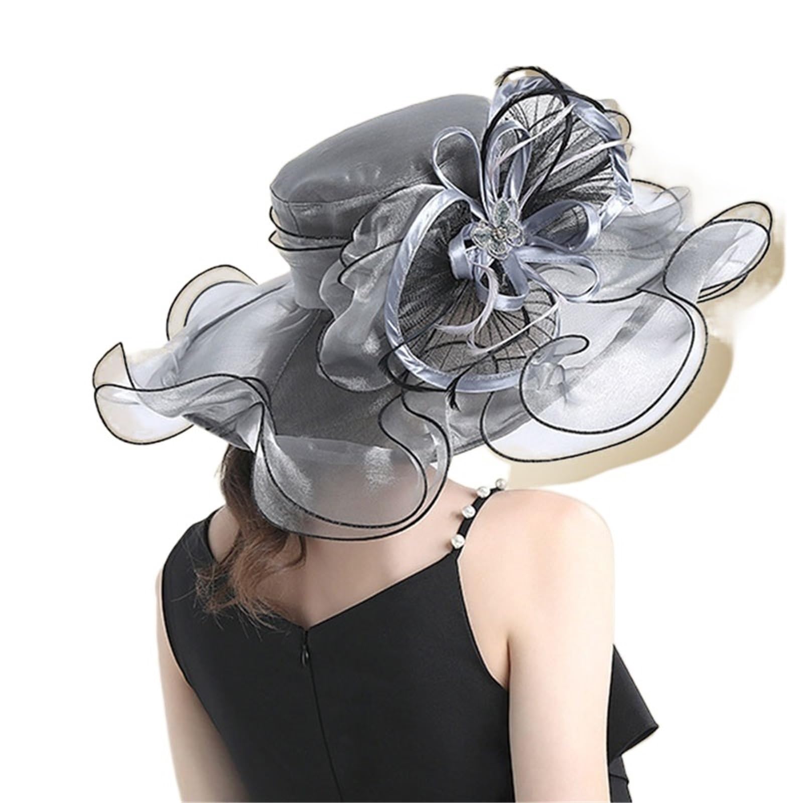 Cappelli da Fascinator a Tesa Larga Grande for Donna, Cappello Fedora in Organza, Fiore Bianco, Sole, Matrimonio, Tea Party, Chiesa