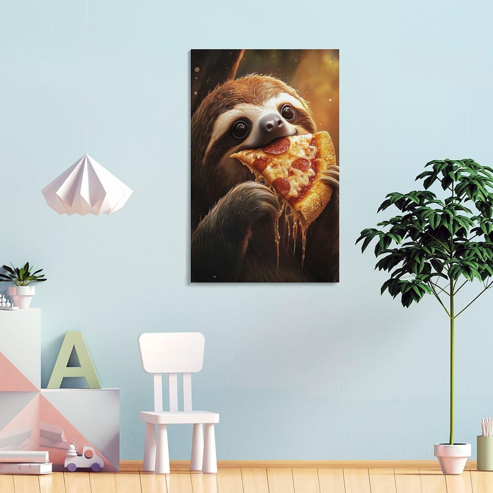 POLIUAWS Sloth Eating Pepperoni Salami Pizza Wall Art - Leinwand Wandbild Poster Modern Dekorationen Für Das Wohnzimmer,Büro,Küche,Schlafzimmer 20x30inch(50x75cm)
