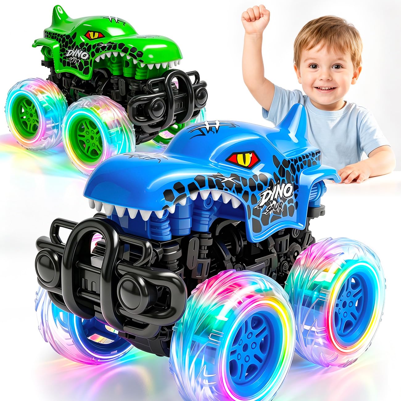 Dinosaur Monster Truck Toys for Boys Age 2 3 4, Light Up Push & Go Car