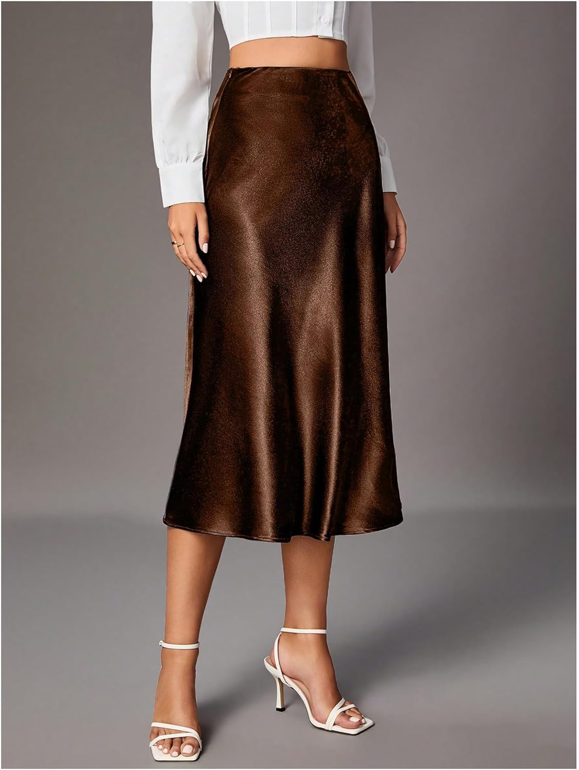 Floerns Women's Elegant High Waist Satin Midi Skirt Fishtail Hem Business Casual Skirts