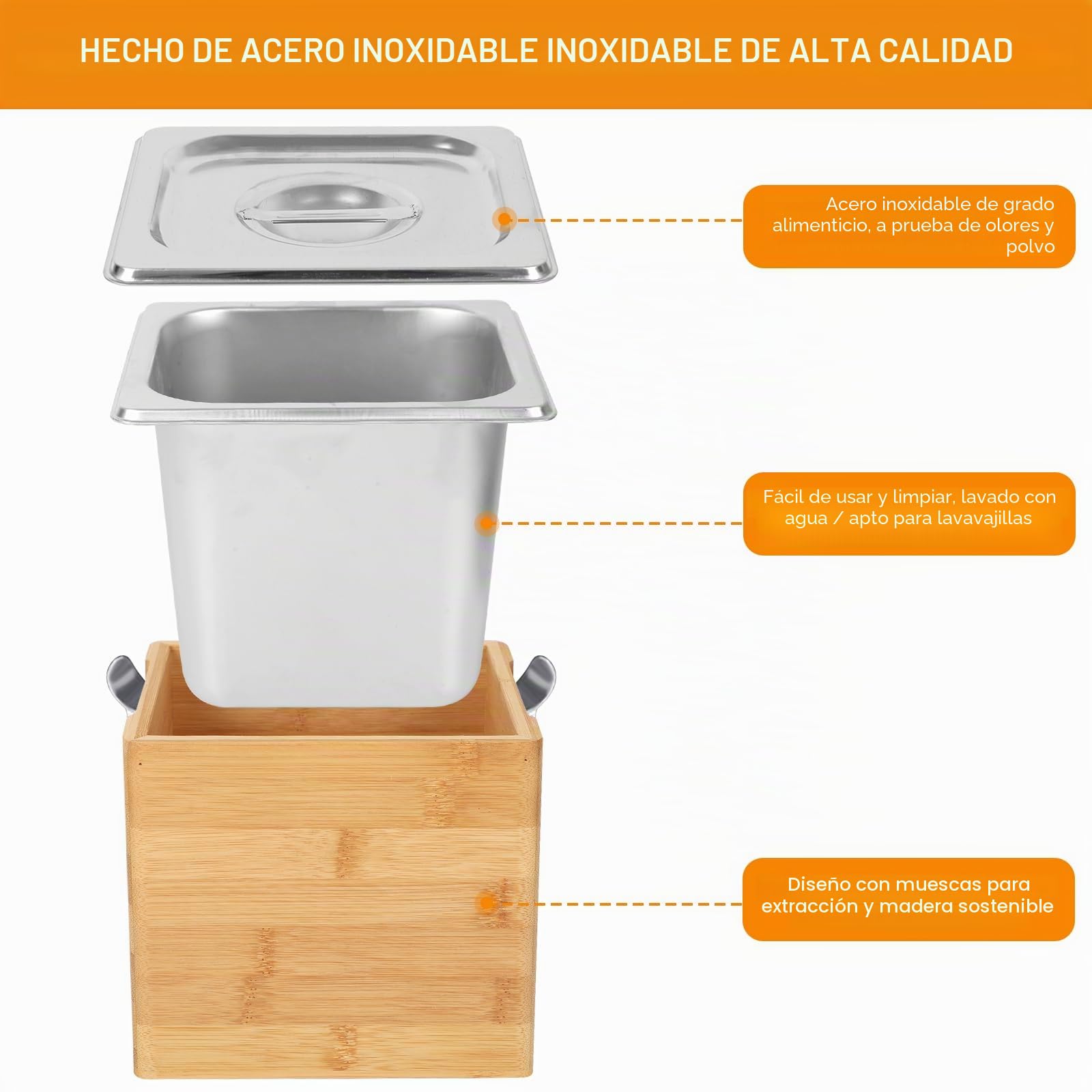 Cubo de compostaje de cocina de madera, recipiente a prueba de olores de acero inoxidable, organizador para restos de comida