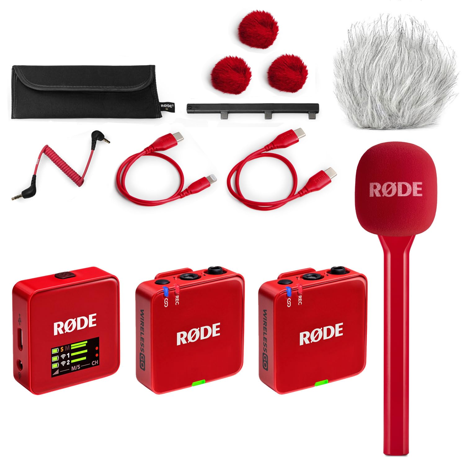 Rode Wireless GO Gen 3 bezprzewodowy 2-kanałowy system radiowy mikrofonowy czerwony z interview GO adapter ręczny, czerwony i keepdrum, futrzana ochrona przed wiatrem