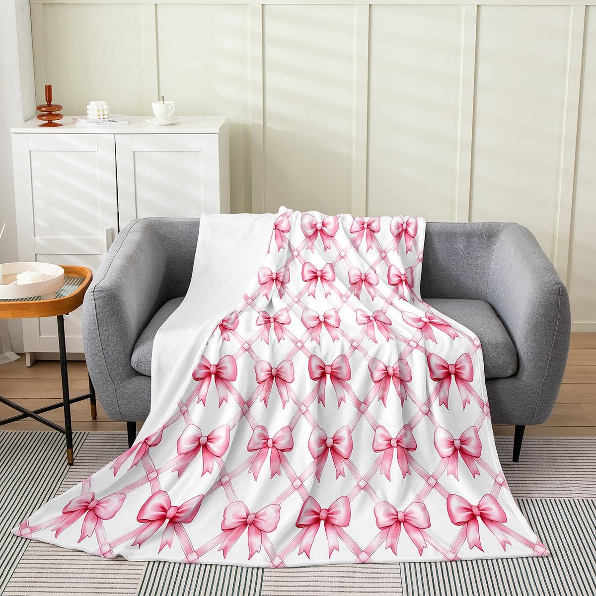 Pink Bowknot Throw Flannel Blanket,Dreamy Princess Style Fleece Fleece Blanket for Home Bedroom Decor Sofa Couch,Watercolor Bow Geometric Grids Soft Bedding,40"x50"