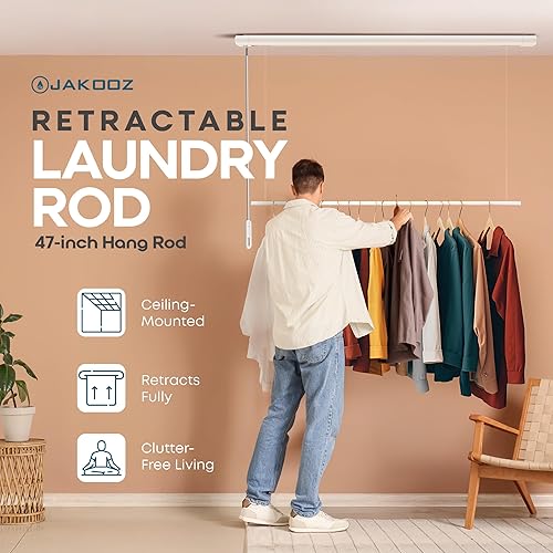 Miniatura 2 de Tendedero retráctil montado en el techo para ropa, barra de lavandería desplegable de 52.4 pulgadas, diseño de ahorro de espacio para apartamentos y