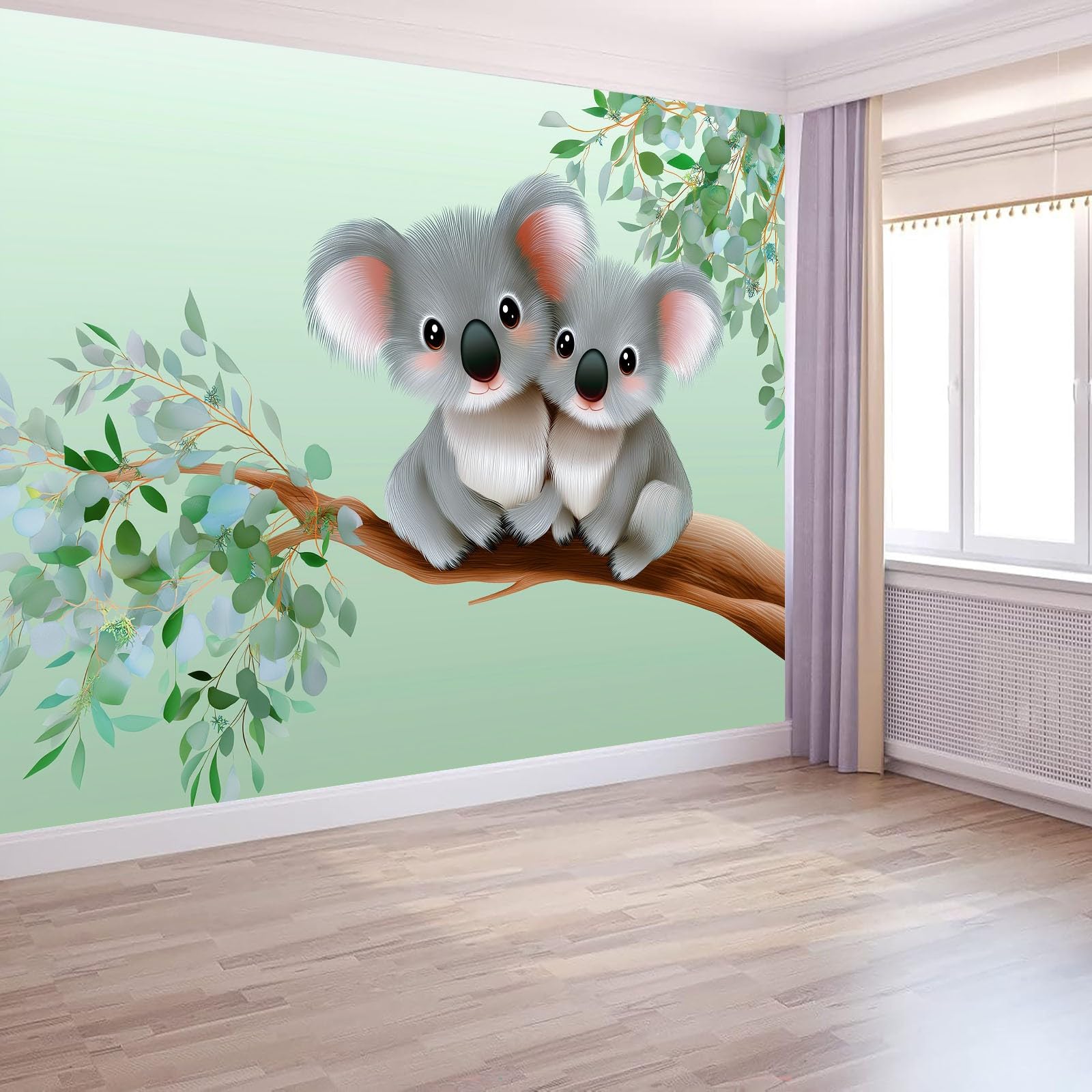 Generico Panoramiczna tapeta XXL kreskówka koala liście roślin, dekoracyjny plakat ścienny szałwiowy zielony do pokoju dziecięcego, sypialni i salonu 350 x 256 cm