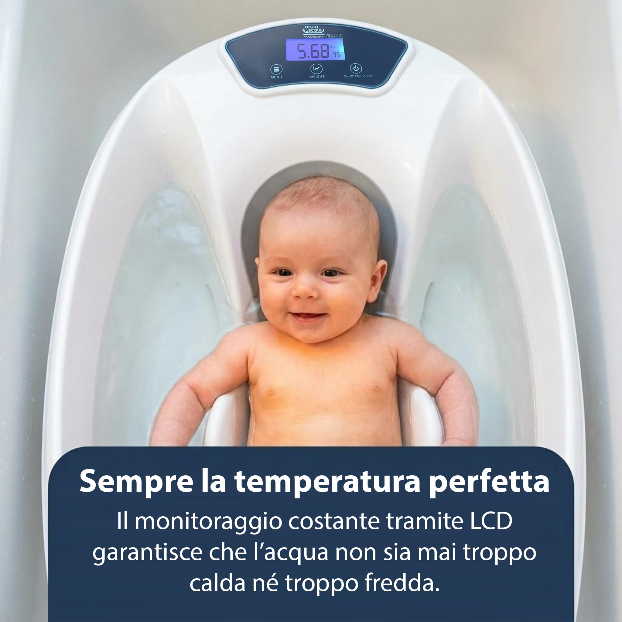 AquaScale 3-in-1 Vaschetta Bagnetto Neonato, Bilancia Digitale e Termometro per L'Acqua, Next Generation V3