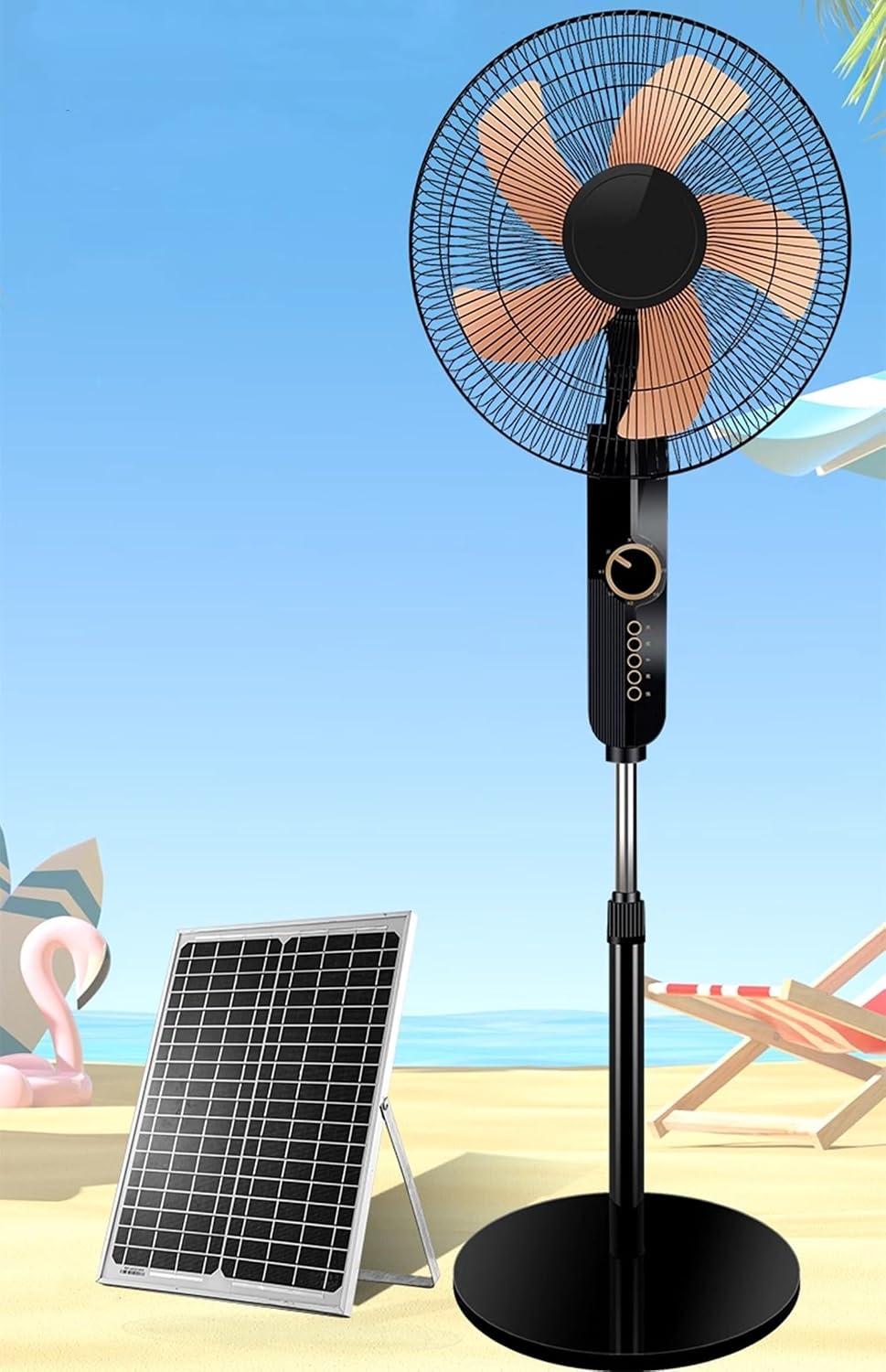 Outdoor Mobile Floor Fan 16 Inch 5-Blade Oscillating Standing Fan, 4 Speed Setting & 1-Hour Timer Solar Pedestal Fan