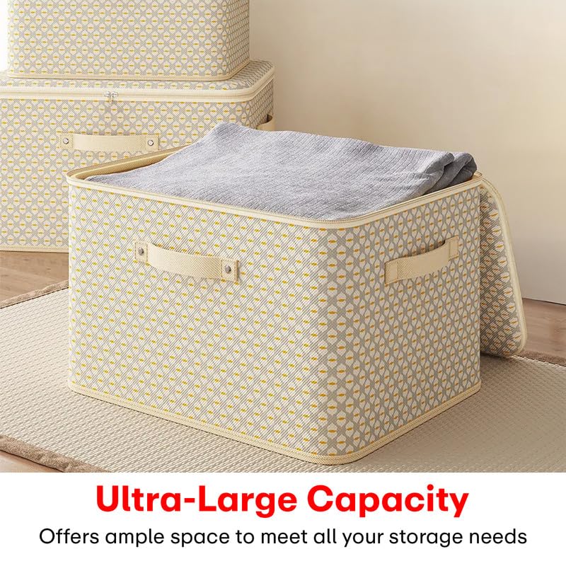 Image of Prime Pick Storage Box Set XL Model Printed Cloth Organizer Foldable Breathable Non Woven Fabric Wardrobe Storage with Reinforced Handles Clothes Organizer Beige XL Size Pack of 3