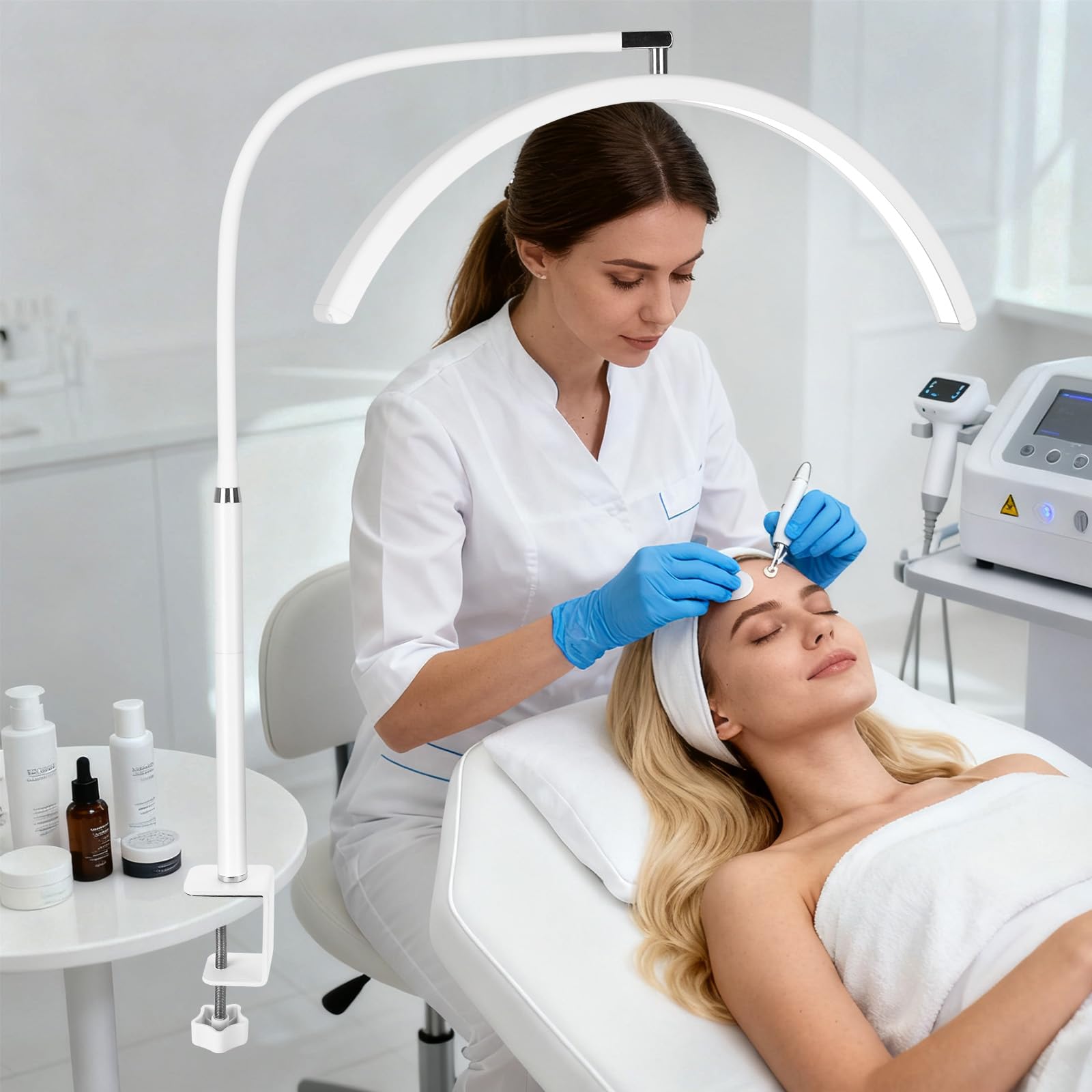 Professionelle Halbmond-LED-Schreibtischlampe für Nageltechniker und Künstler, flexible Schwanenhalslampe mit Klemme, 3 Farbmodi und 5 Helligkeitsstufen für Maniküre, Tattoo