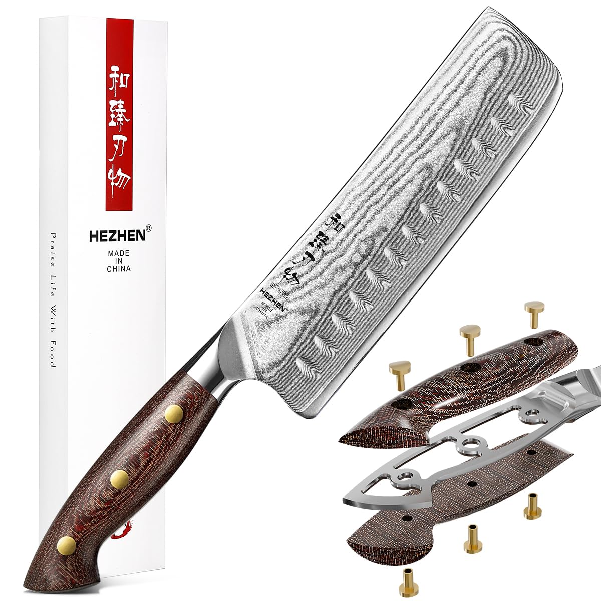 HEZHEN Damasco Cuchillo Nakiri, Estilo Japonés Cuchillos de Cocinero, Multiusos Cuchillo Chef Asiático Para Rebanar Carne Cortar Verduras, Mango de Micarta