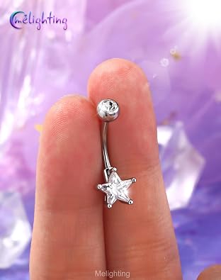 Melighting Belly Button Bars Star Belly Button Ring Stainless Steel Belly Barbell CZ Navel Piercing Jewellery 14G Curved Barbell 10mm