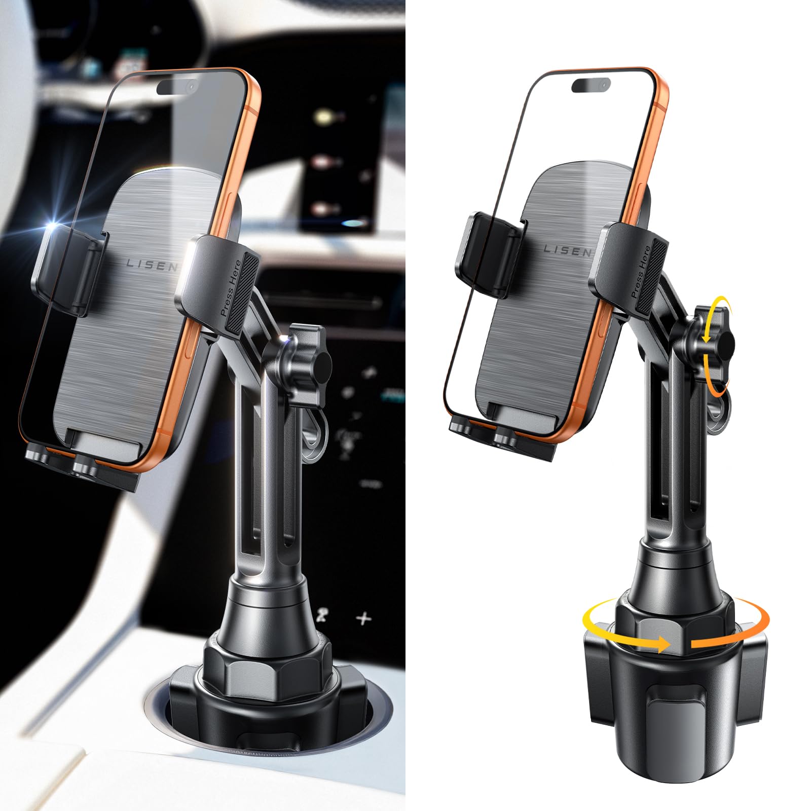 LISEN Upgraded Version Cup Holder Phone Holder 360° Adjustable Long Neck Car Phone Mount Golf Cart Phone Holder, Valentines Day Gifts for iPhone 17 Air Pro Samsung Google and All 4-7'' Phone