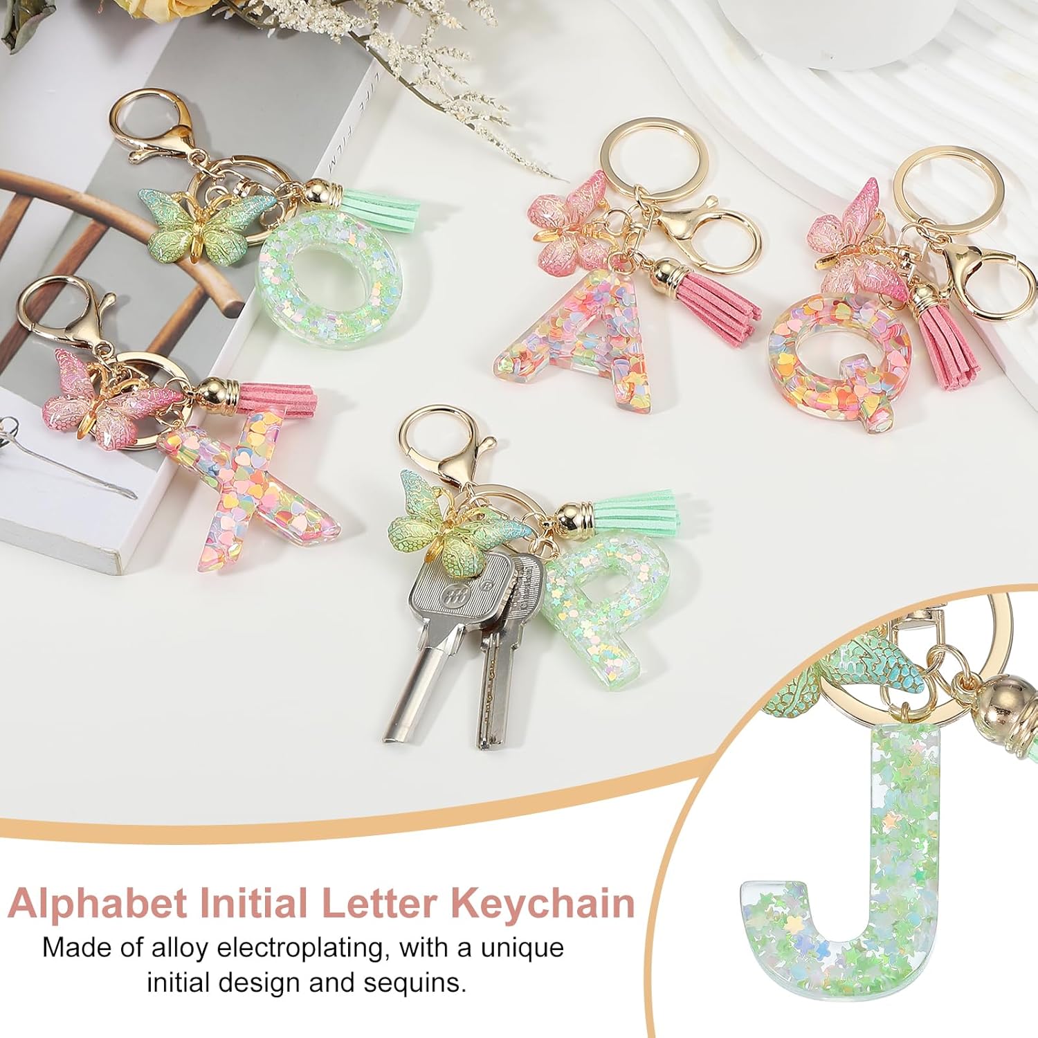 PATIKIL Alphabet Initial Letter Keychain, Resin Cute Keychains with Tassel Butterfly Letter J Pendant Charm for Women Key Purse Handbag Bag Accessories, Green - Image 4