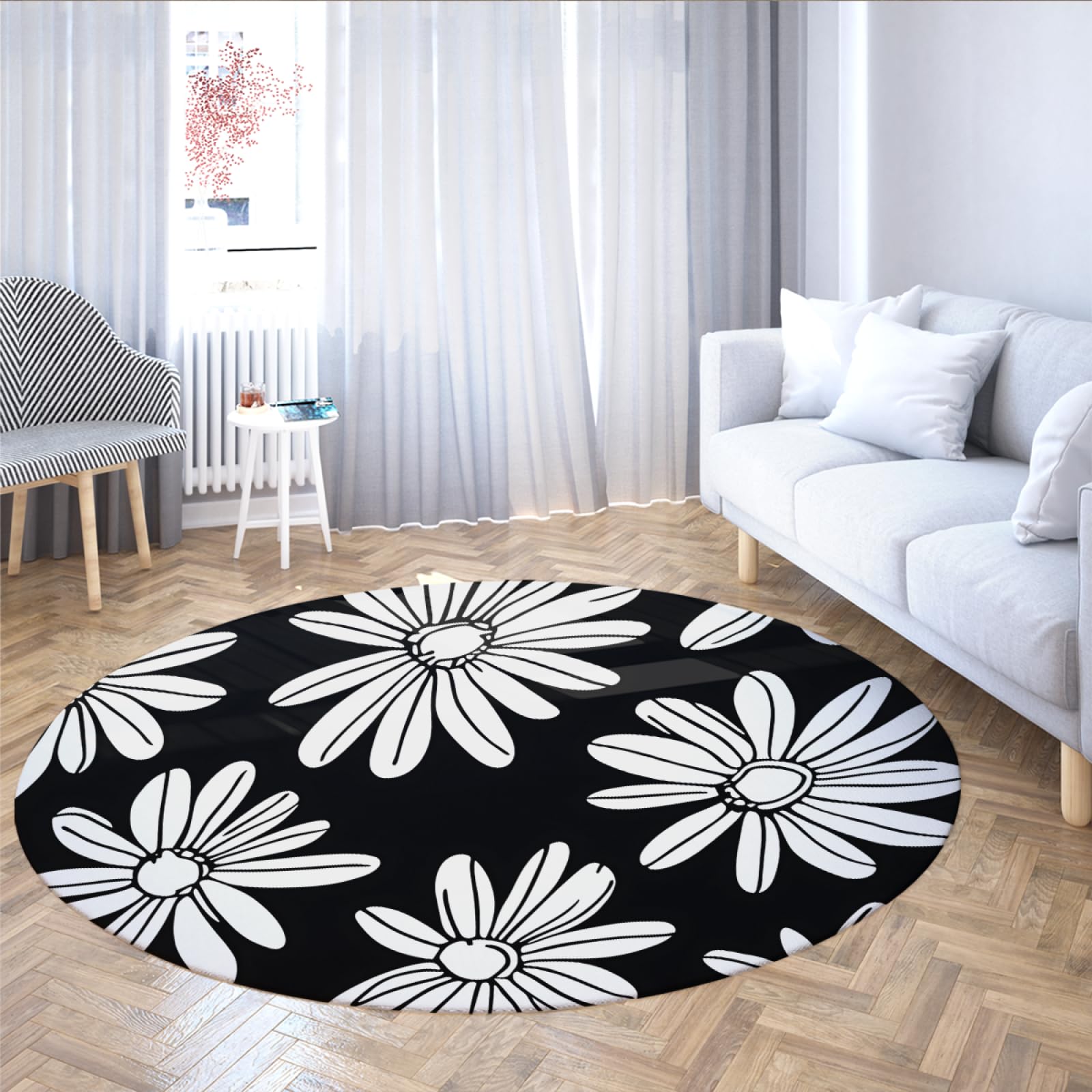 Tapis pépinière marguerite moderne rond pour chambre enfant et salon
