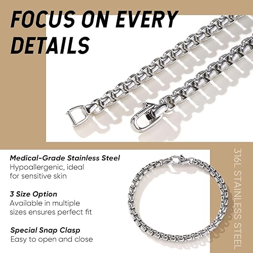 Miniatura 6 de VNOX Box Chain Bracelet for Men Women - Simple Metal Mens Bracelets Square Rolo Link Round Box Chain Black Stainless Steel Bracelets Jewelry Gifts