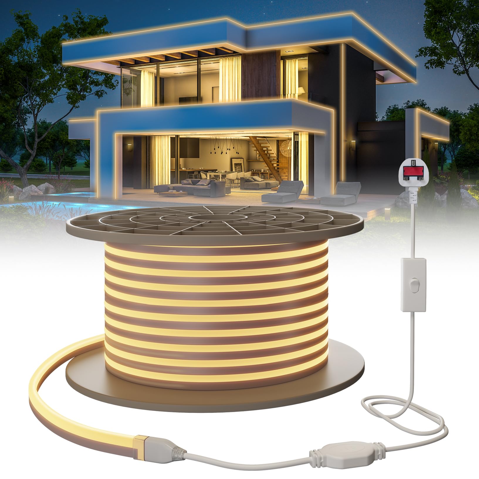 SUCIKORIO Neon Led Strip Light 50m / 164ft, Waterproof IP65 LED Strip Lights Warm White 3000K Cuttable Flexible Neon Rope Light 220-240V DIY LEDs Lights with Power Supply for Bedroom, Indoor & Outdoor