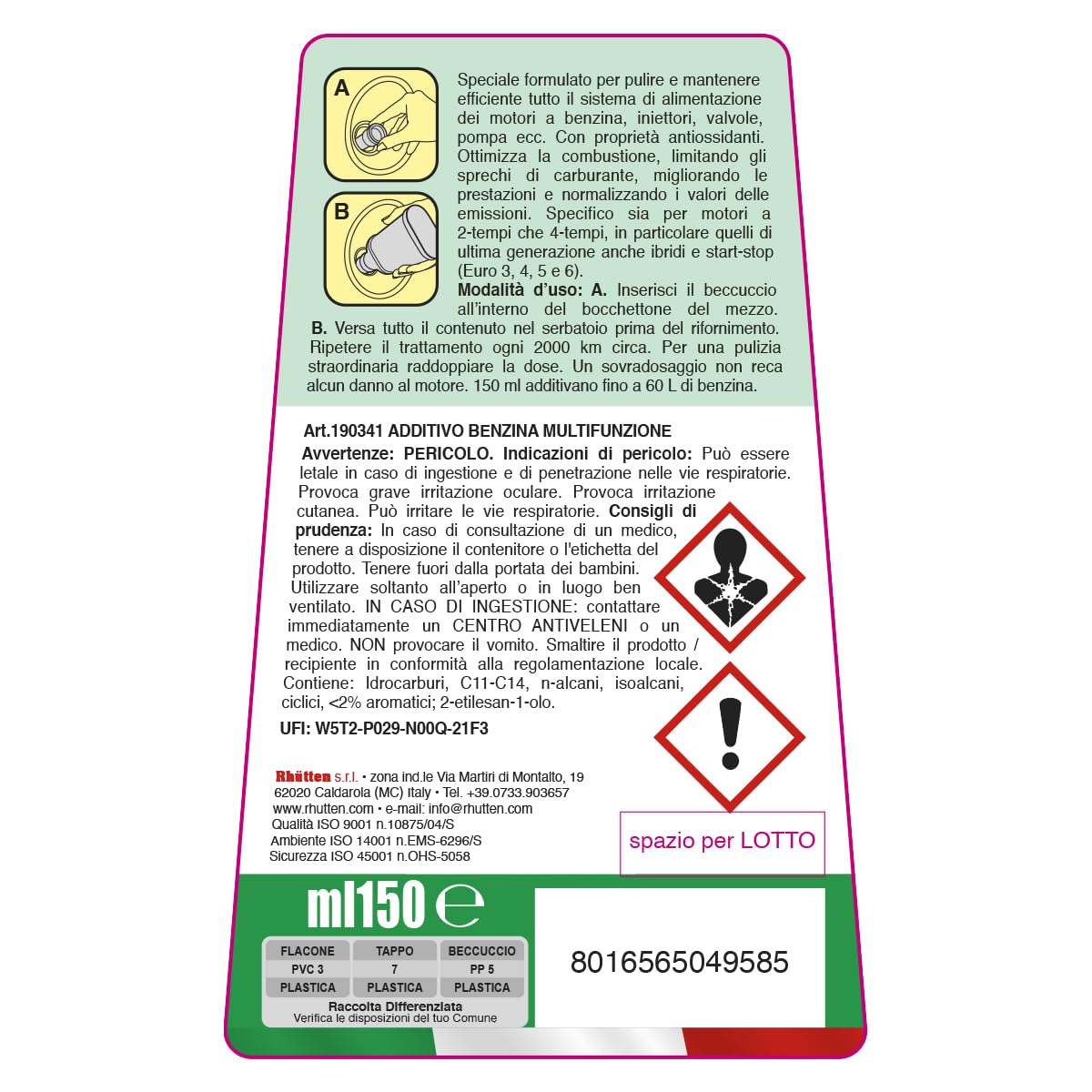 Rhutten, Additivo Benzina Multifunzione, Monodose Superconcentrata, Migliora le Prestazioni, Riduce Consumi, 150ml