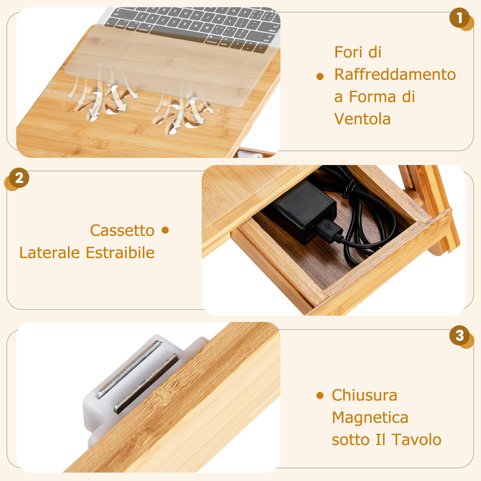 GYMAX Tavolino per Computer Portatile in Bambù con Piano Inclinabile a 4 Livelli e Cassetto, Tavolo Pieghevole con Altezza Regolabile, Fori di Raffreddamento, Supporto per Computer (Naturale)