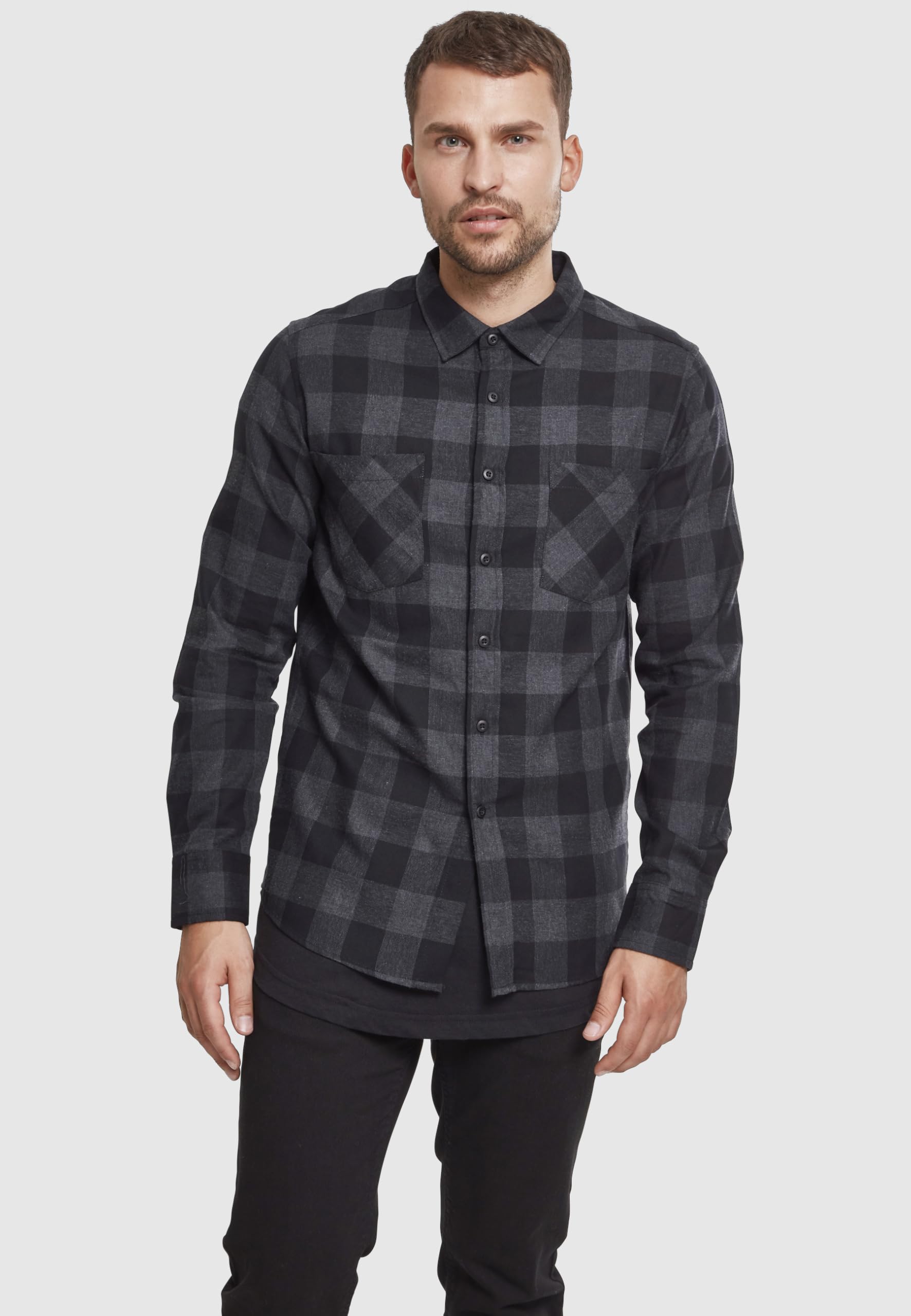 Urban Classics A Cuadros Franela Hombre Camisa de Franela Negro-Blanco 100% algodón Regular