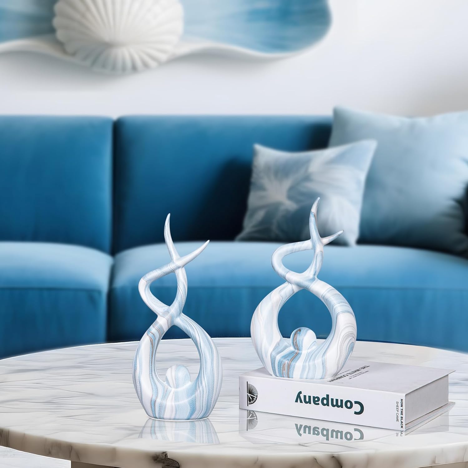 Blue Sculptures Home Decor, Dining Room Table Centerpiece Living Room Decor, Ceramic Statues Shelf Decor, Modern Abstract Art Desktop Entrance Table Decorations (2pcs)