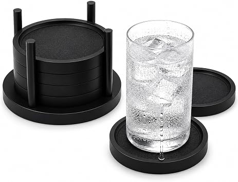 MinBoo Bamboo Coasters for Coffee Table Set of 6 Coasters for Drinks Absorbent with Holder Coffee Table Decor for Tabletop Protection Gifts for House Warming New Home & Wedding