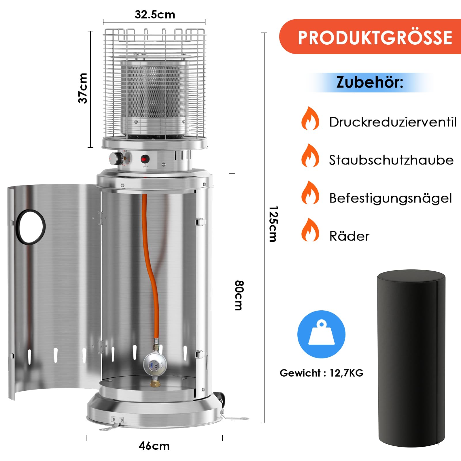 TLSUNNY Heizstrahler Terrasse, mit Schutzhülle und Piezoelektrische Zündung | Edelstahl Terrassenstrahler mit 2PCS Rädern, Terrassenheizer mit Heringen, 6,5 kW Gas Heizstrahler für Terrasse und Balkon