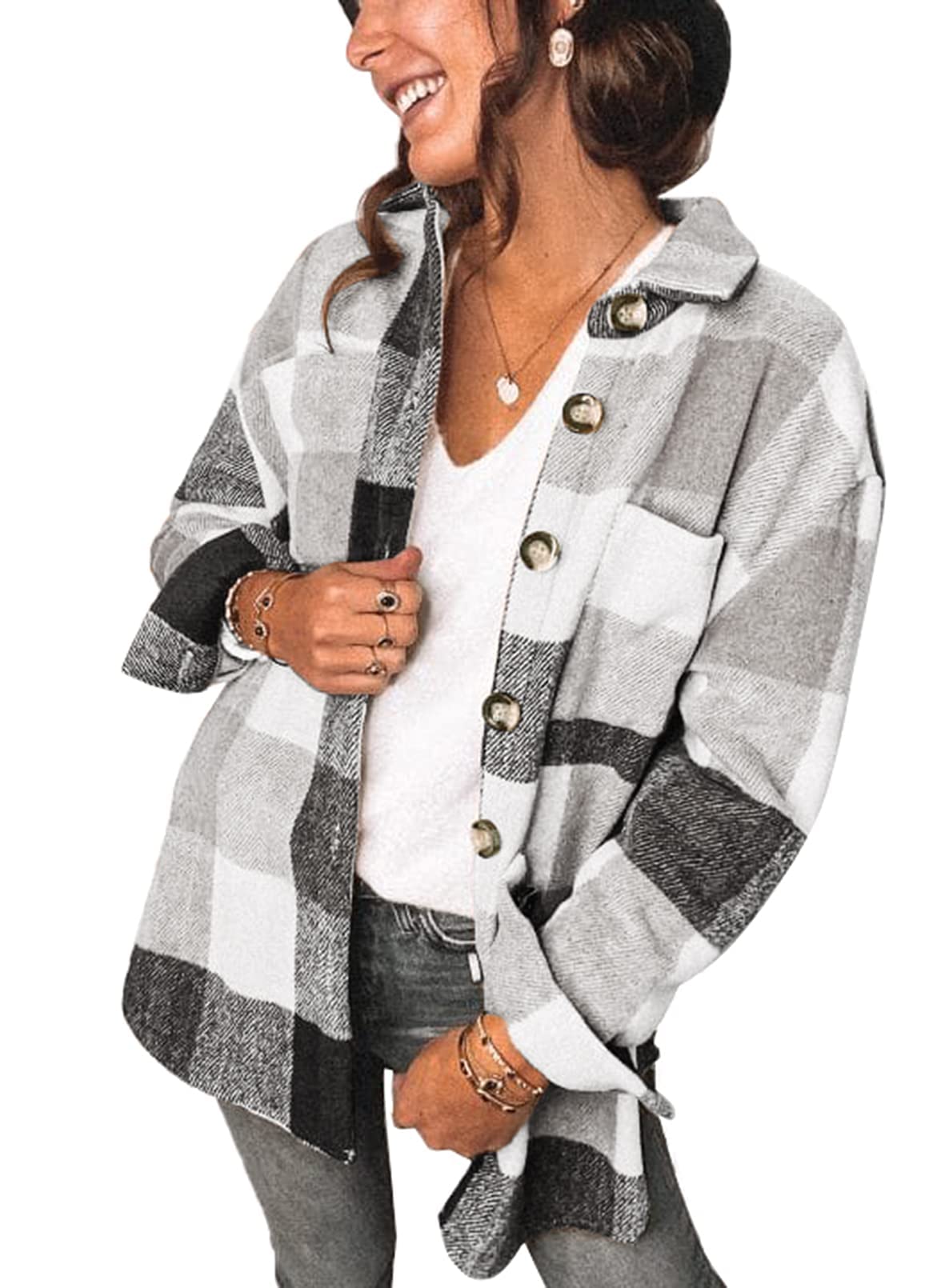 AUTOMET Shackets for Women Plaid Flannel Shirts Fall Winter Jackets Cute Tops Trendy Western Cowgirl Outfits Girls Coats: Whitegrey X-Small