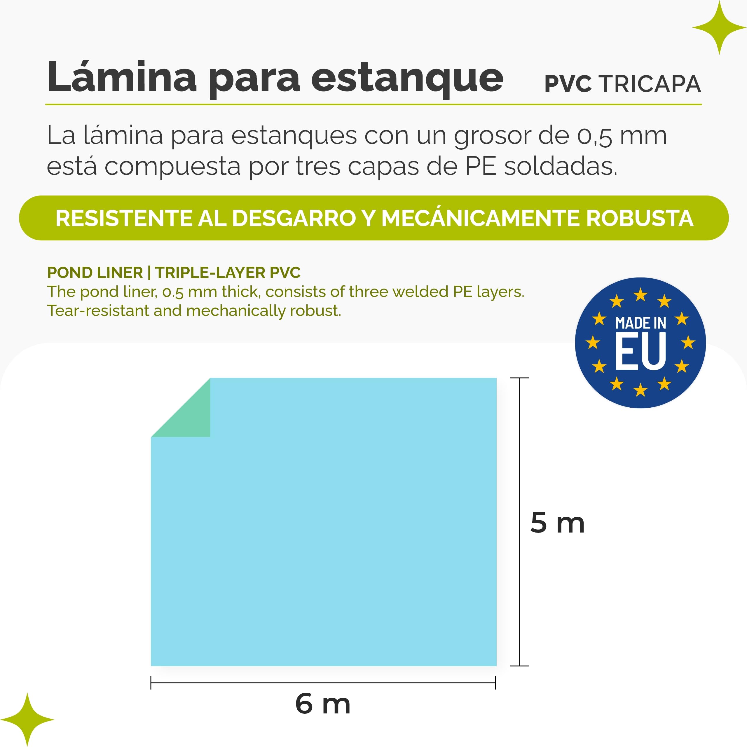 Garronda lámina de Estanque 6x3 m (18 m²) PE 0,5 mm Lona Impermeable 3 Capas Resistente UV para jardín Peces Fuente Azul Verde GD-0223
