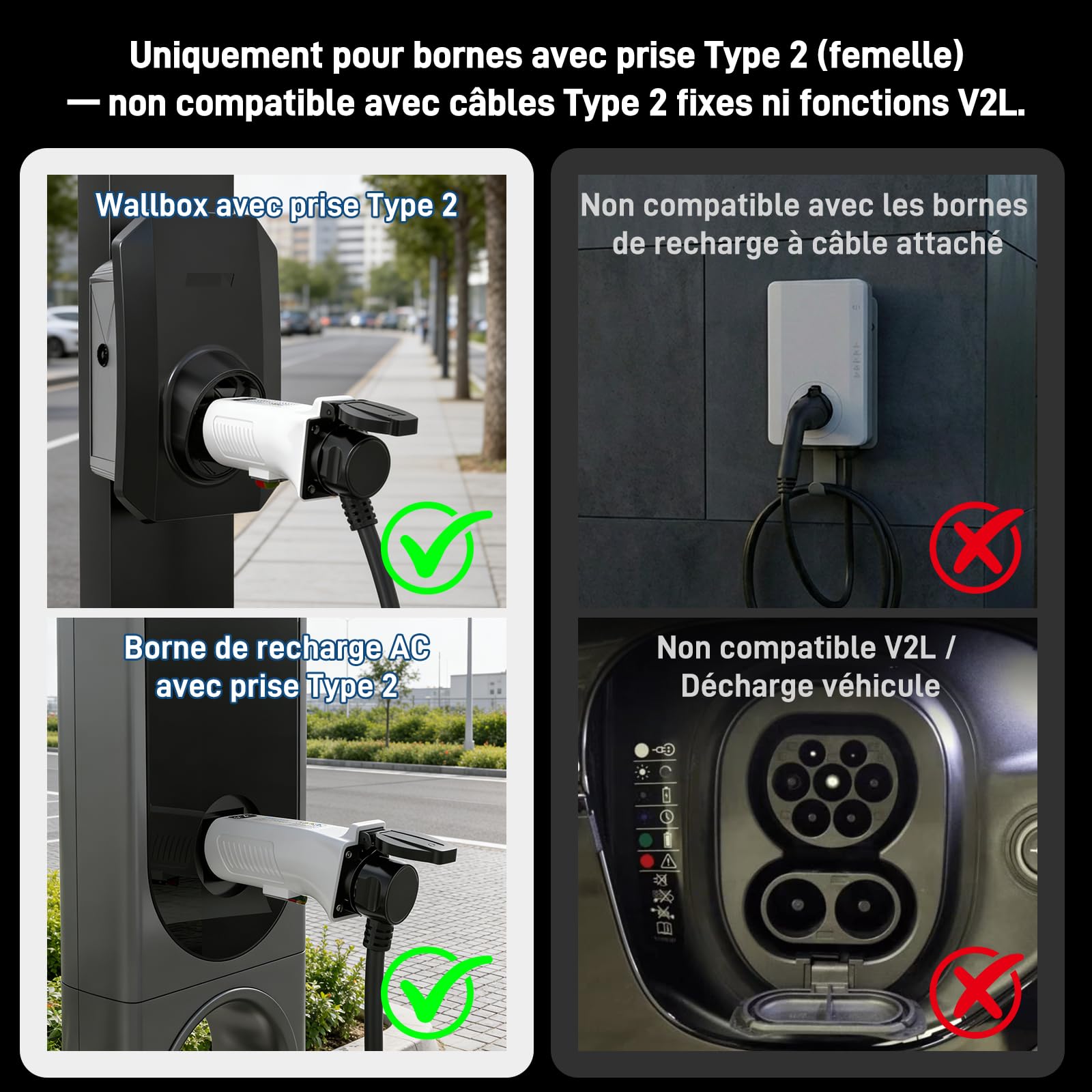 Adaptateur Type 2 vers Schuko pour Bornes de Recharge & Wallbox (230 V, 16 A, 3,68 KW, IP44) | Fiche Type 2 vers Prise Schuko pour Vélo/Trottinette/Moto/Quadricycle Électrique (Pas pour V2L)