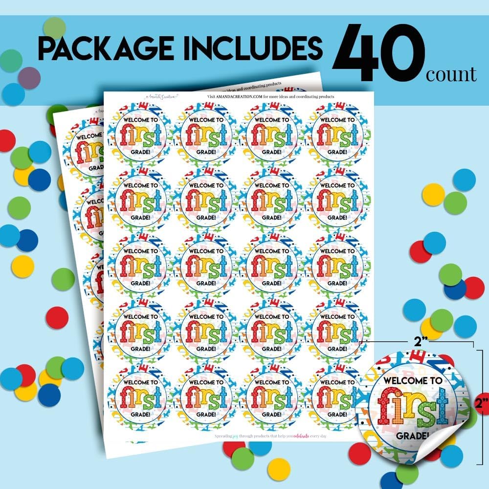 Back to School Stickers for Kids Colorful Alphabet Welcome to 1st Grade 40 2" Welcome Back Gift Tag Stickers Bulk Teacher Stickers Student Encouragement, Inspiration & Appreciation by Amanda Creation