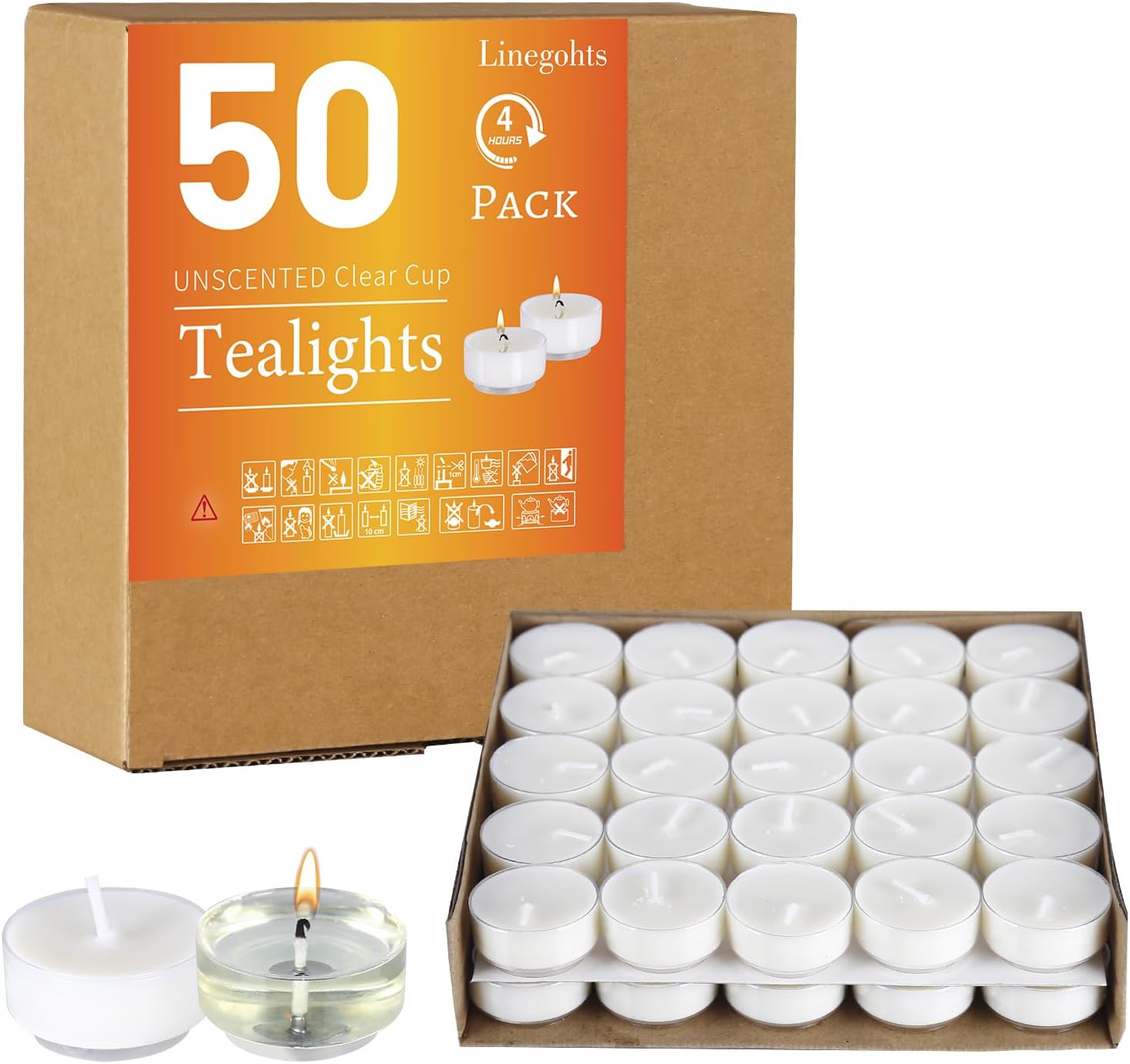 Linegohts Unscented Clear Cup Smokeless Tea Lights 50