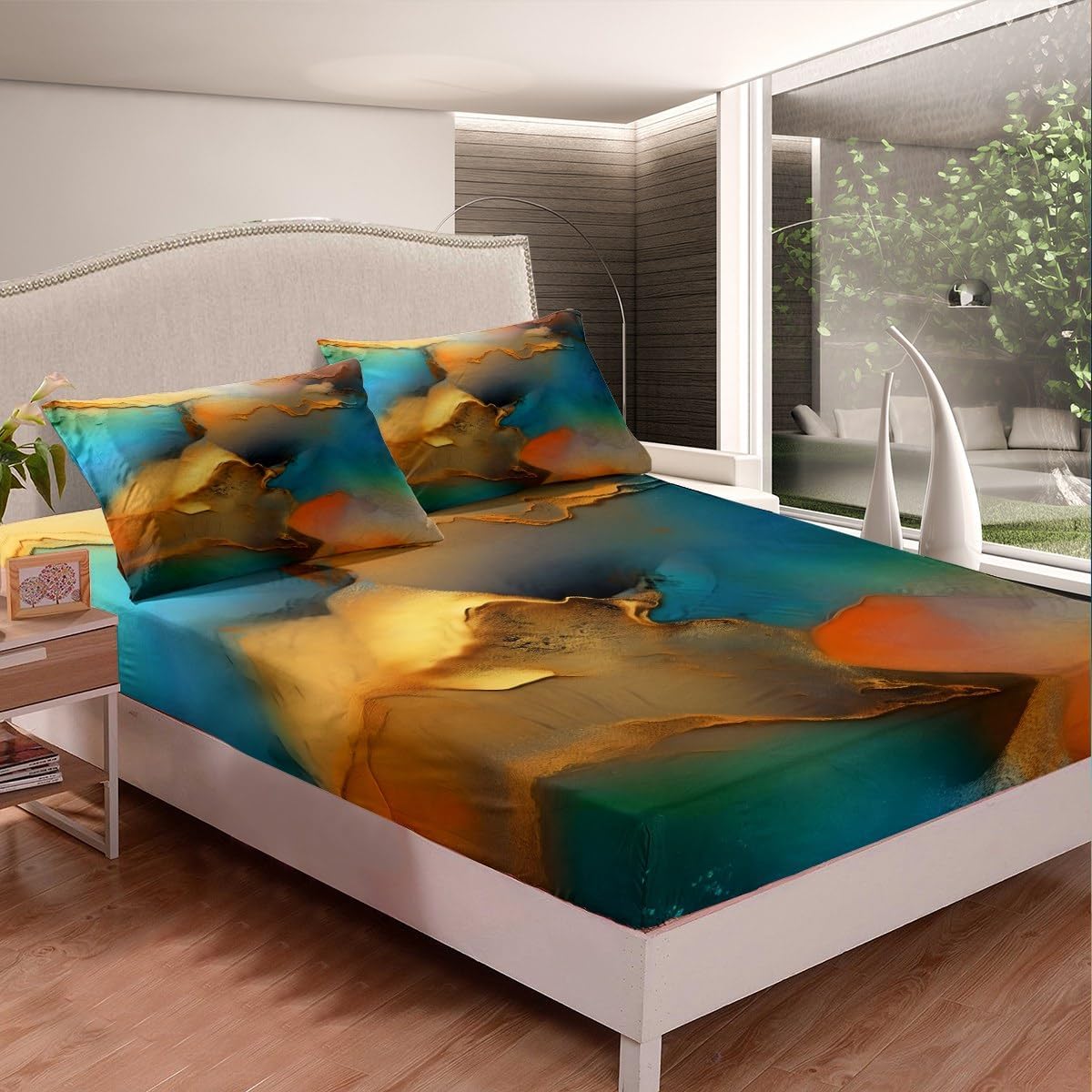 Blue Gold Marble Bed Sheets Set Modern Marble Aesthetic Sheet Set For Kids Boys Children Retro Watercolor Artwork Design Sheets with Deep Pocket Fitted Sheet Abstract Marble Bedding Set Queen Size
