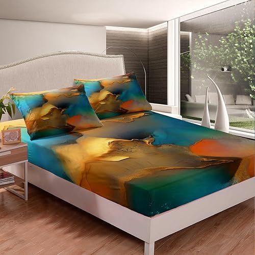 Miniatura 2 de Juego de sábanas de mármol azul dorado moderno juego de sábanas estéticas de mármol para niños y niños, diseño retro de acuarela con sábana bajera