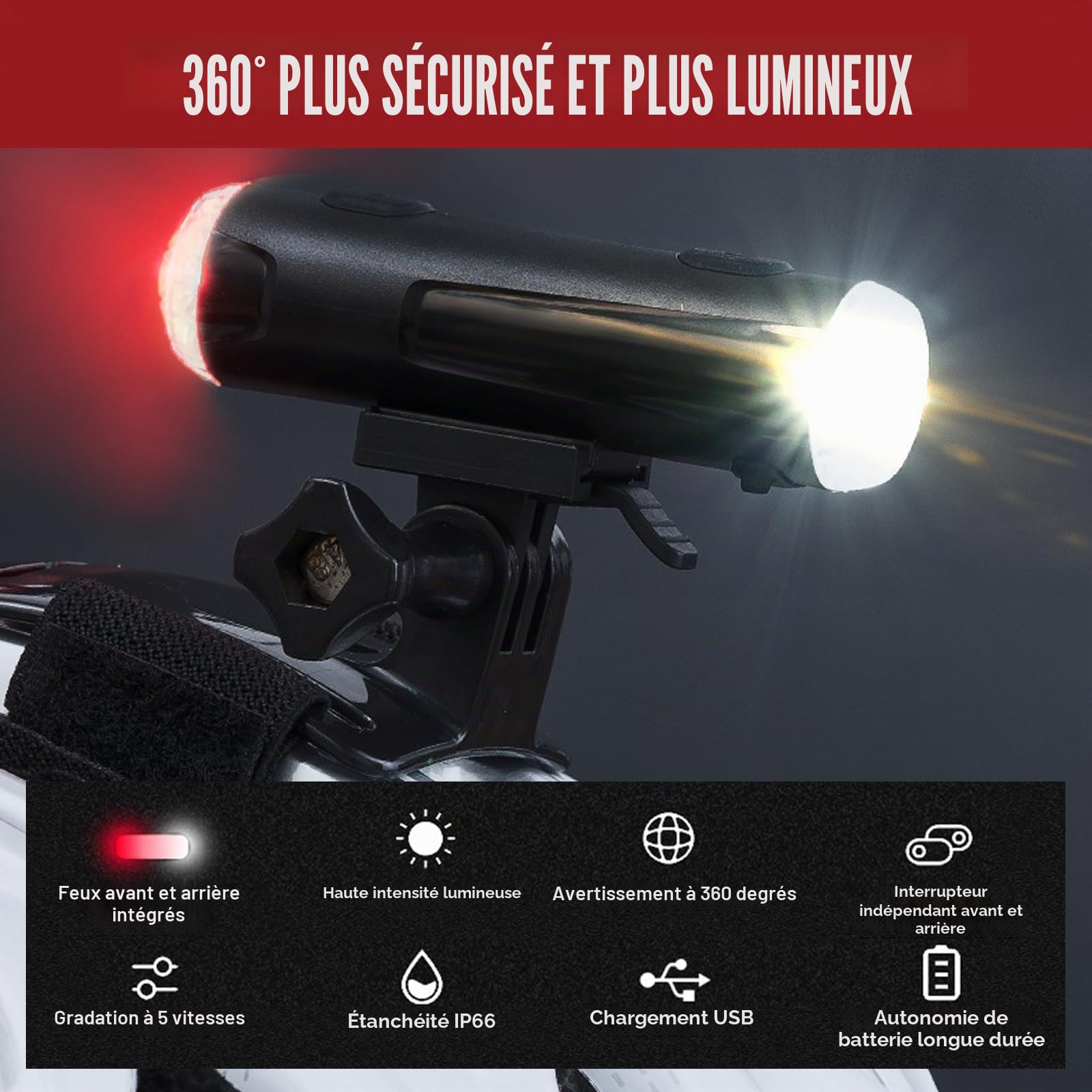 Lot de 2 éclairages pour casque de vélo, double éclairage avant et arrière pour casque de vélo, lampe torche portable rechargeable par USB, 5 niveaux de gradation, avertissement à 360° pour