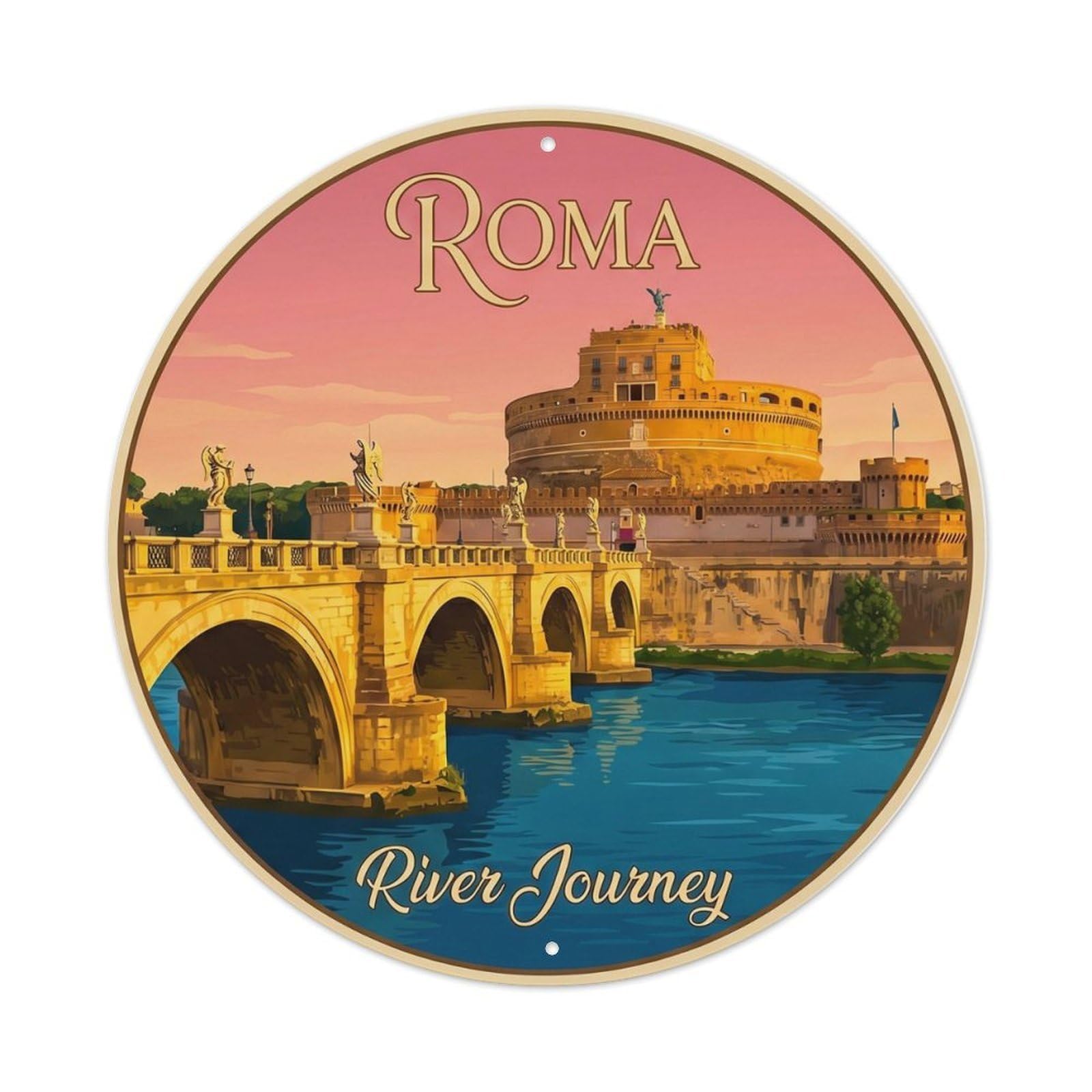 Rome Bridge Destination Scenery Tiber Landmark City Europe Metal Tin Sign Plaque Wall Decor for Cafe, Man Cave, Club Bar, Office, Home Garden Round Metal Poster 8x8Inch