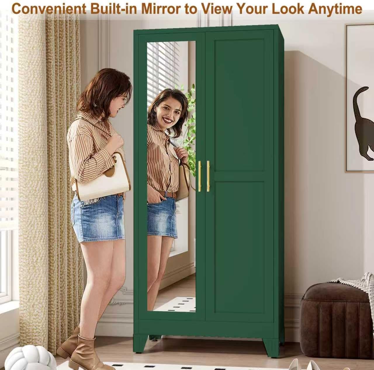Metal Armoire Wardrobe Closet Storage Cabinet with Mirror Green, 71'' Wardrobe Cabinet with Hanging Rod Metal Closet with 2 Adjustable Shelves for Bedroom, Laundry Room, Cloak Room