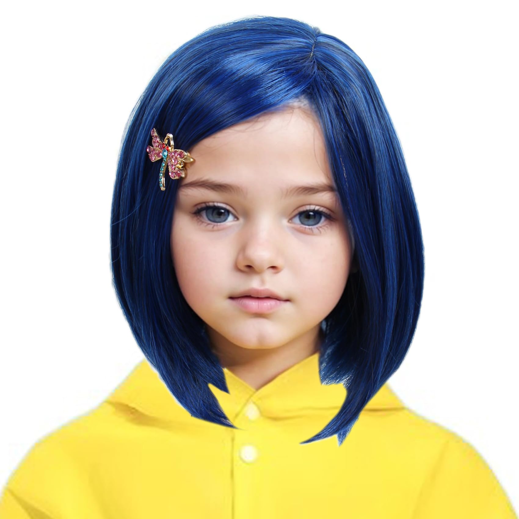 Linfairy Cosplay Dark Blue Bob Short Straight Synthetic Wig with Hairpin for Women Halloween Costume Party Cosplay Wig (Small)