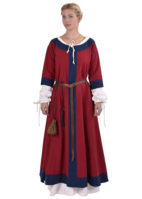 Battle-Merchant - Vestido Largo Medieval Gudrun - Algodón - para Larp Vikingo - Rojo/Azul - L