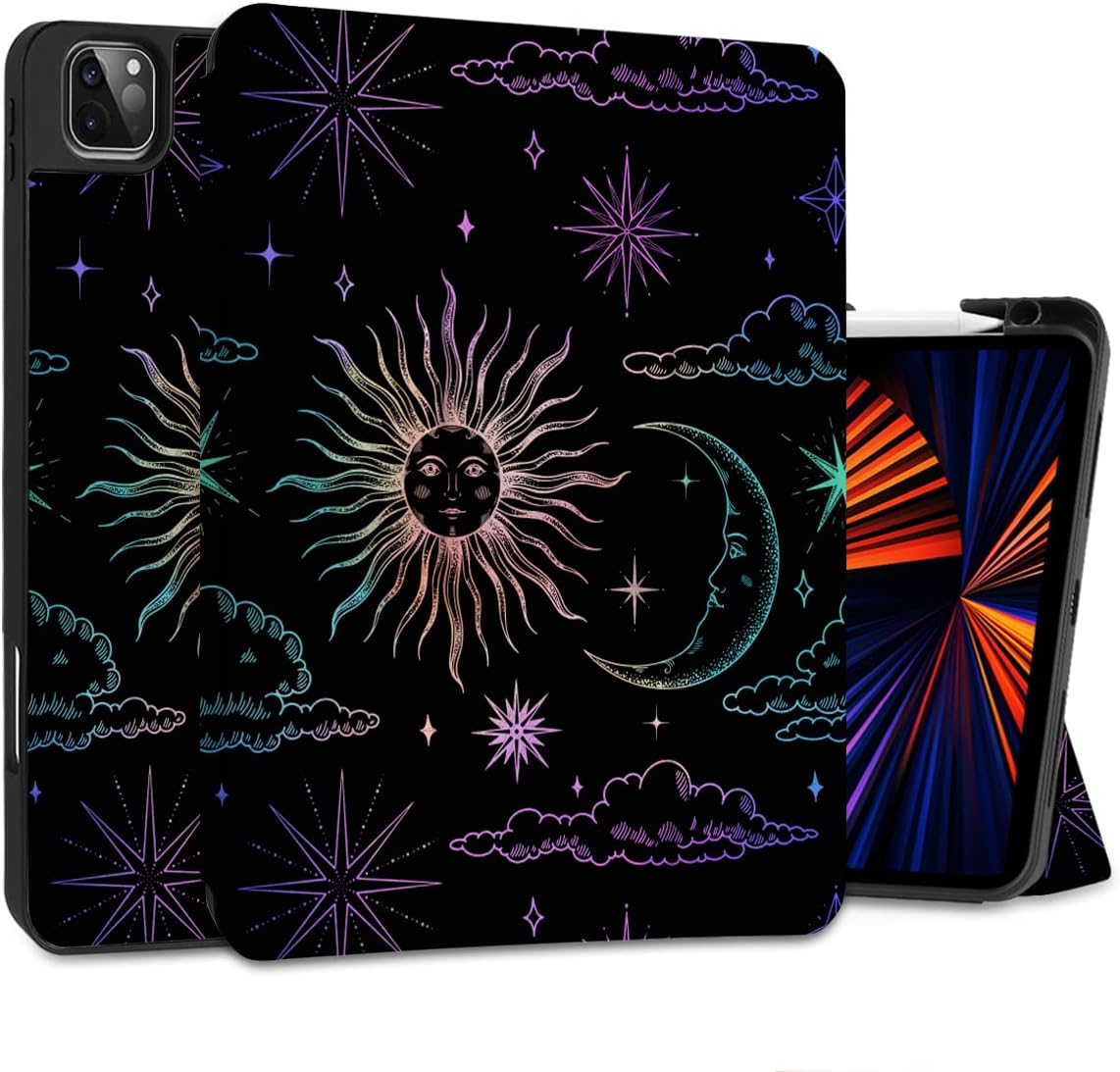 DONGKE Case for 2022/2021/2020/2018 iPad Pro 11 inch Gen 4/3/2/1 - Slim Protective Case - Built in Pencil Holder Support Charging - Trifold Stand & Sleep/Wake Cover - Sun & Moon