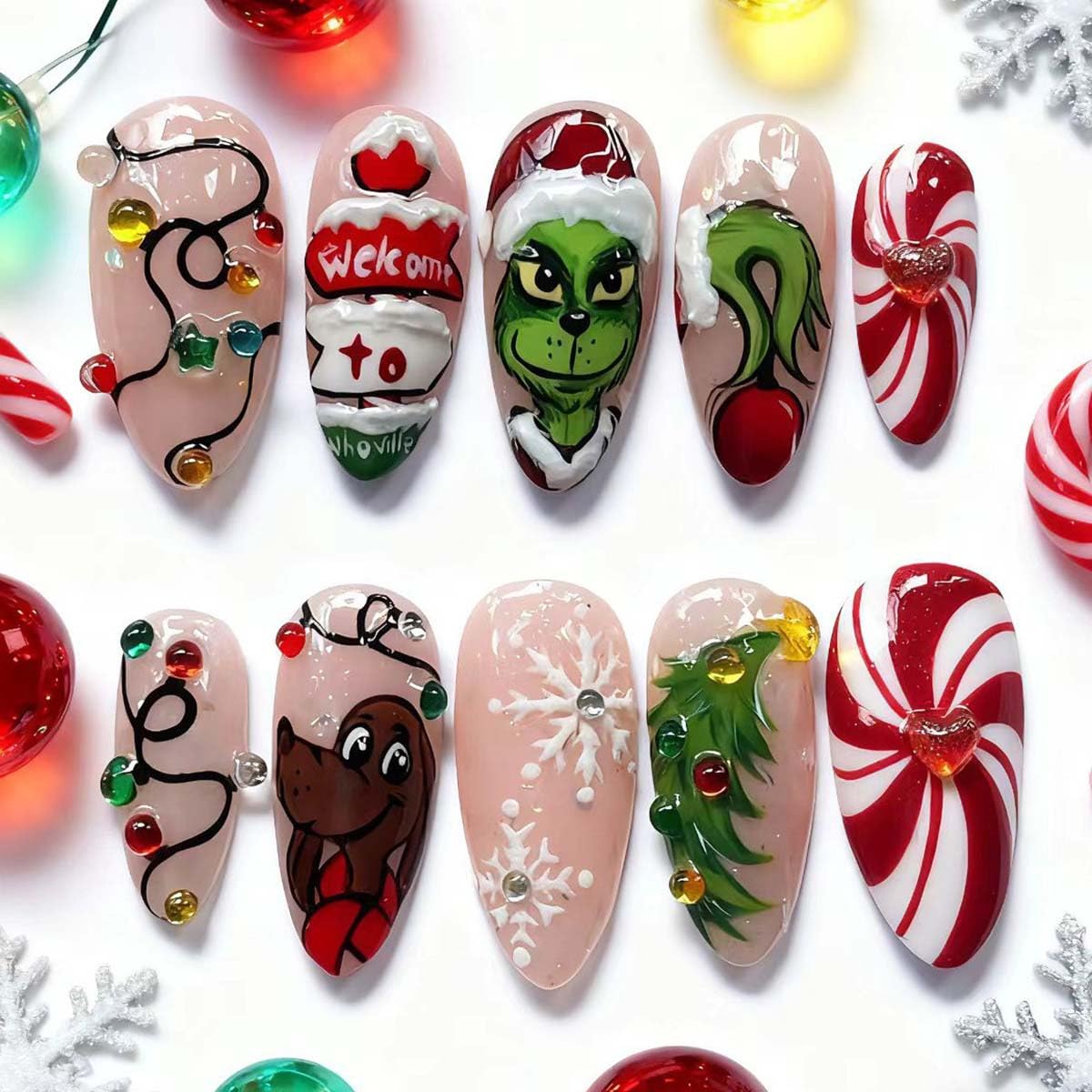 ZWENJIE Christmas Pink Press on Nails - Medium Almond Tips