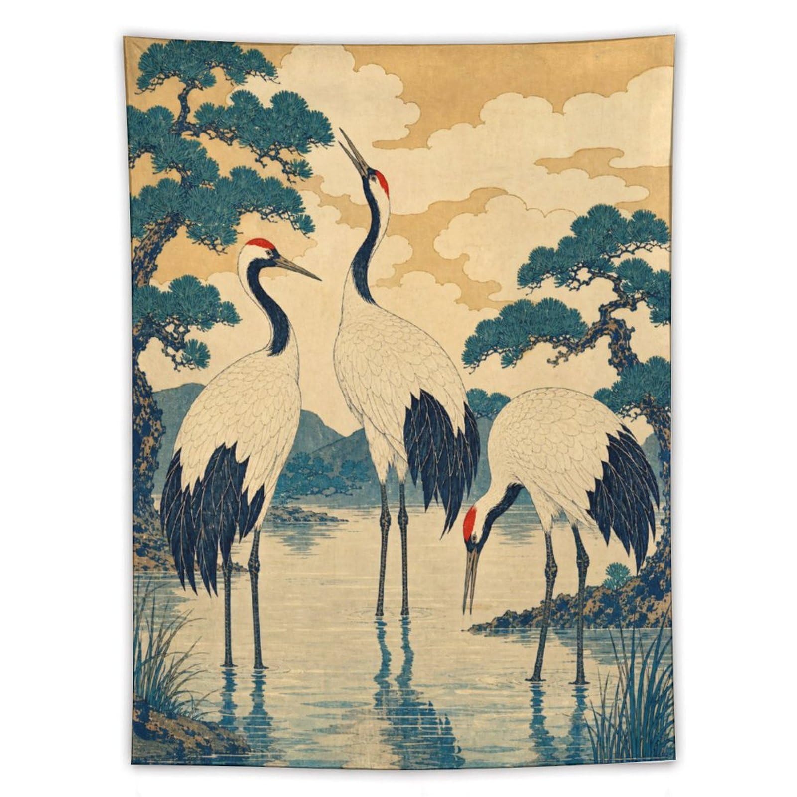 H3B8U2Y5 Cranes in Water Wall Tapestry, Ukiyo-e Style, Japanese Minimal