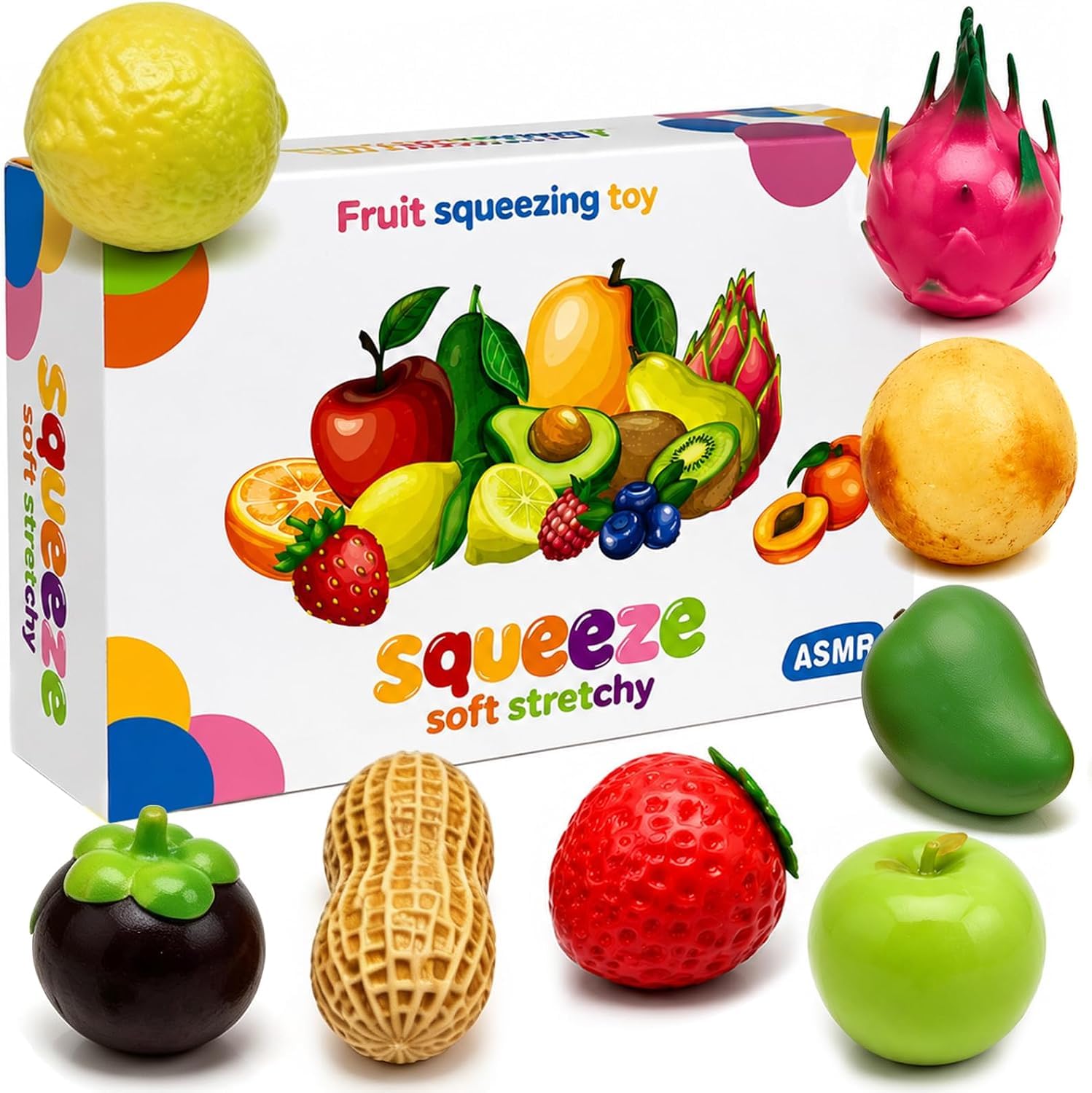 8 PCS Crunchy Squishy Fun Box, ASMR Bead Filled Slow Rising Realistic Cute Mango Peanuts Grapes Apple Crunchy Squishy, Party Favor Gifts for Adults — image 1