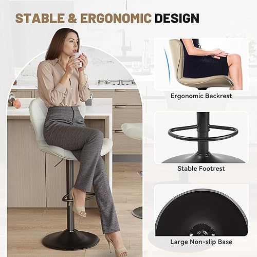 Miniatura 4 de Juego de 2 taburetes de bar, modernos taburetes de bar giratorios ajustables de piel sintética, sillas de altura de mostrador con respaldo y