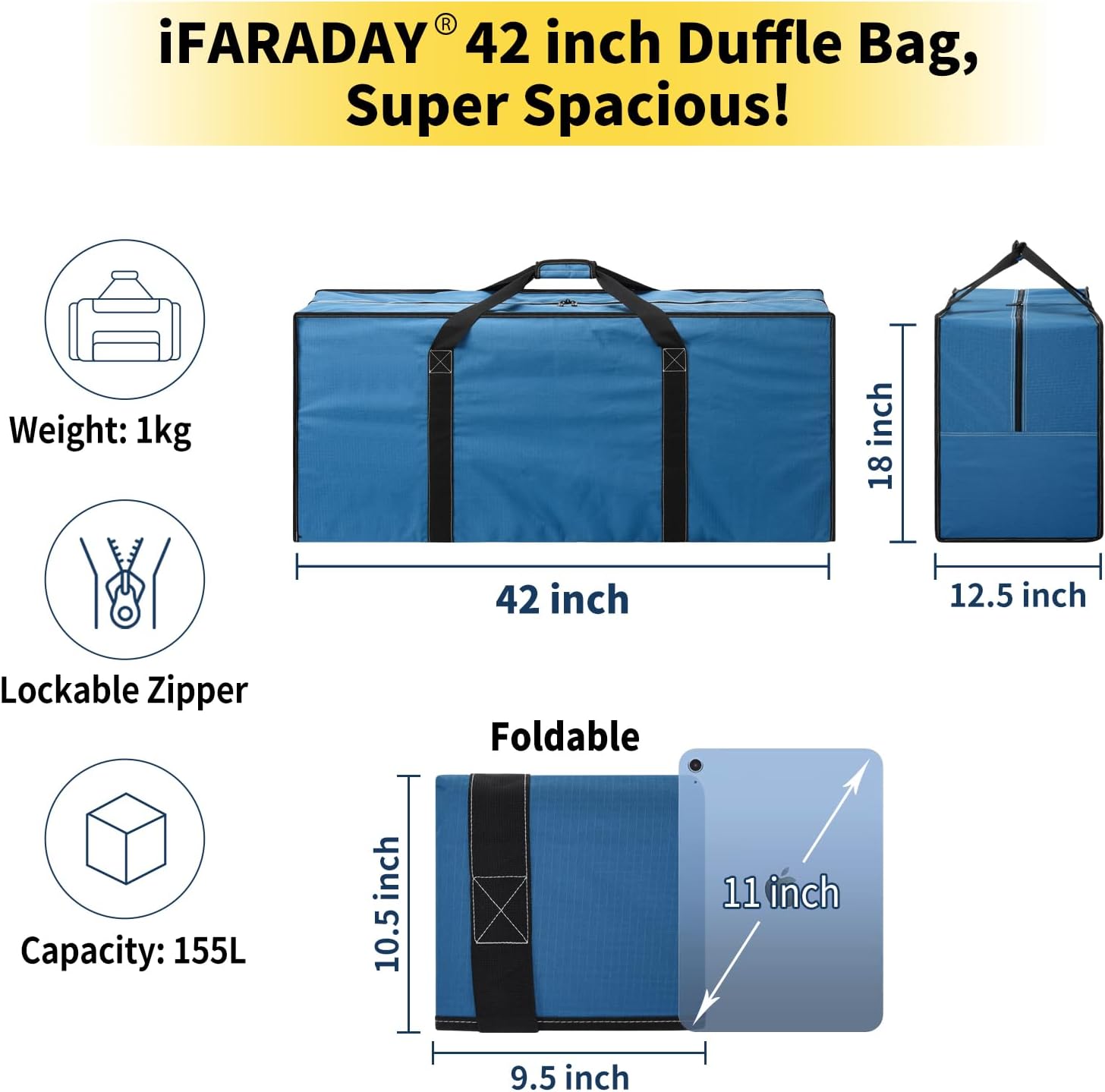 155L Oversized Duffle Bag - 42” Extra Large Heavy Duty Water Resistant Travel Bag for Camping Moving Storage (Blue) - Image 4